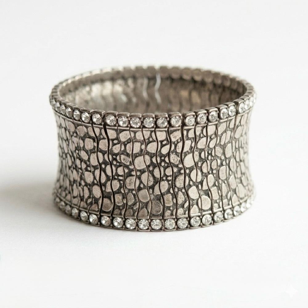 RA Vintage Wide Rhinestone Cuff Bracelet Silver Statement Stretch